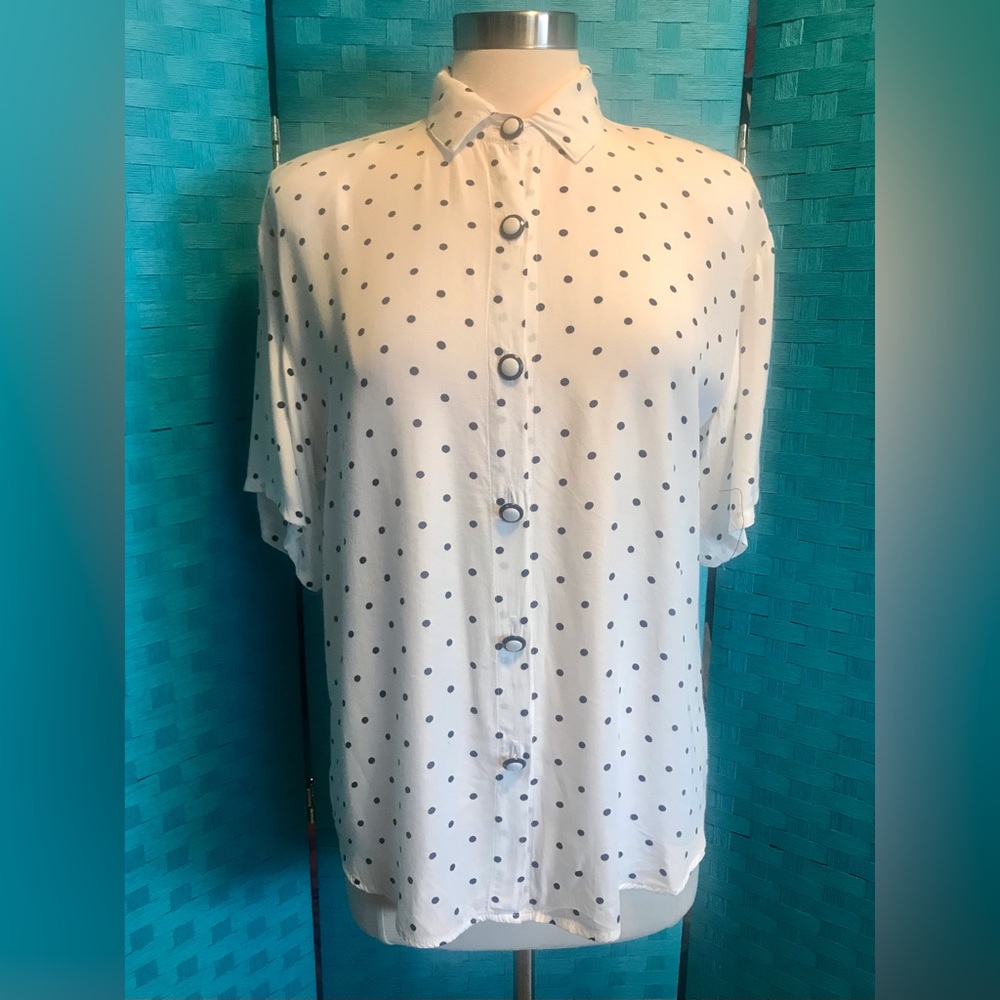 Vintage Fritzi California Dot Button Blouse Top Navy And White
